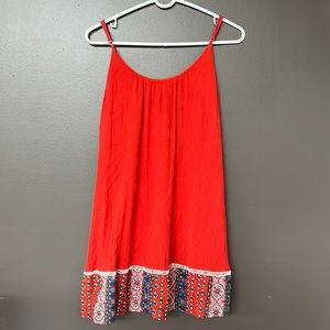 orange, patterned dress, entro, medium, spaghetti strap, crisscross back
